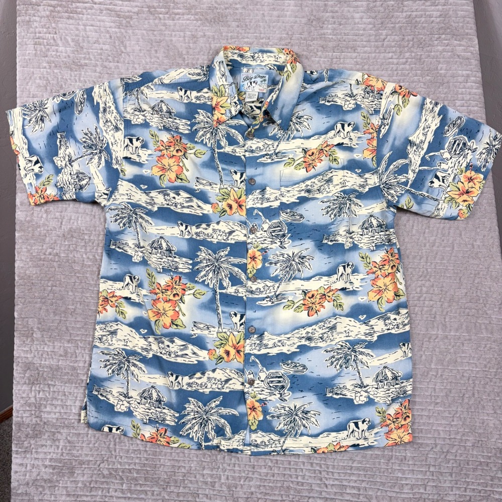 Big Dogs Mens Large Blue‎ Tropical Island Hibiscus Rayon Hawaiian Camp Shirt L
